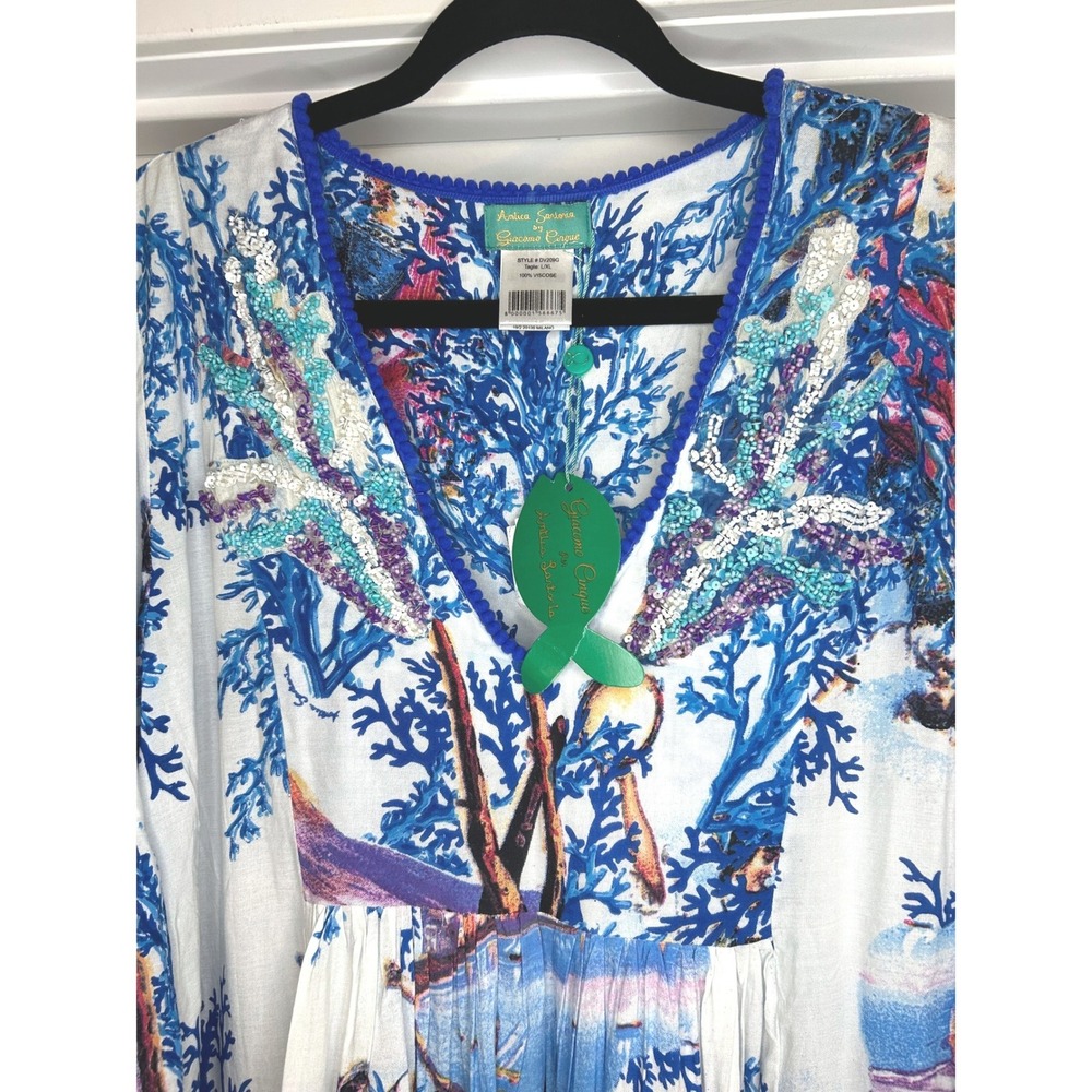 NEW Antica Sartoria Giacomo Cinque Positano Coral Print Sequin Tassel Dress L/XL - Picture 3 of 10